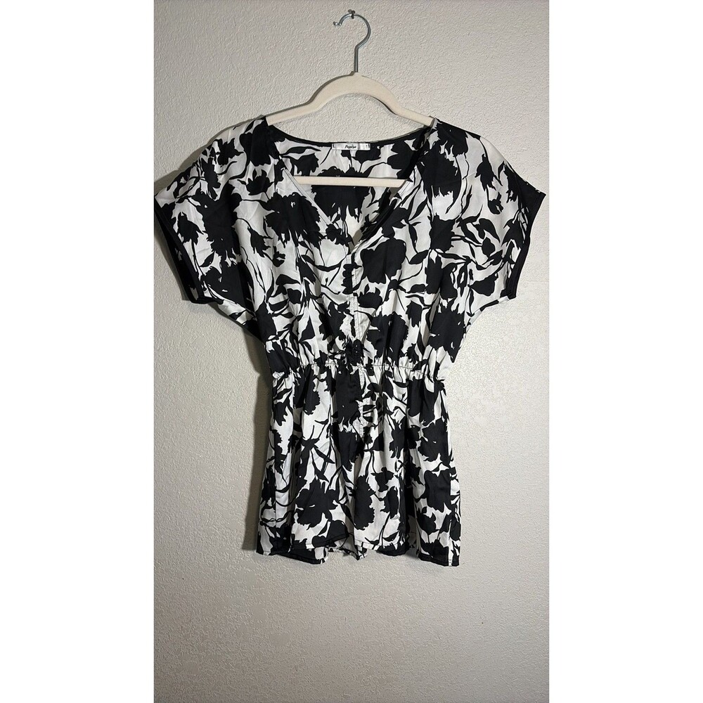 Papaya Black and White Floral V-Neck Dolman Sleeve Blouse Elastic Waist Small